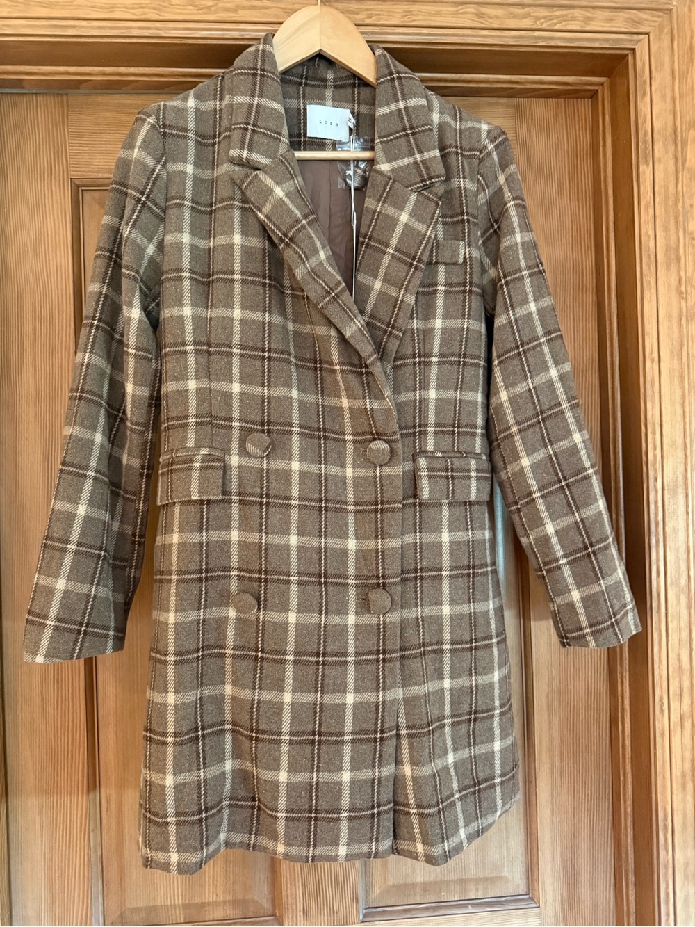 Lush Brown and Cream Plaid Double-Breasted Pea Coat NWT